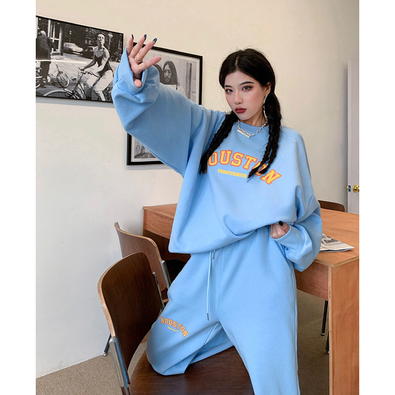 Fashion leisure sports suit women 2021 spring and autumn new American hip-hop style loose sweater and trousers two-piece suit