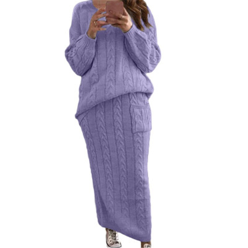 Fashion Streetwear Ribbed Knitted 2 Piece Outfits Full Sleeve Sweater Matching Set Plus Size Skirt Elegant Casual Fall Clothing