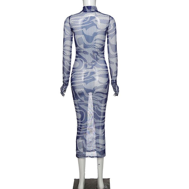 Mesh See Through Sexy Hot Maxi Dress Women Long Sleeve without Gloves Party Clubwear Print 2020 Hollow Out Bodycon Dresses