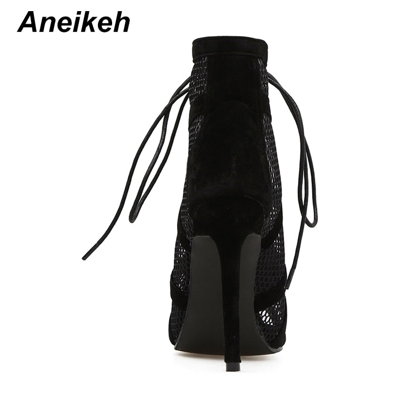 Aneikeh 2022 Fashion Basic Sandals Boots Women High Heels Pumps Sexy Hollow Out Mesh Lace-Up Cross-tied Boots Party Shoes Party