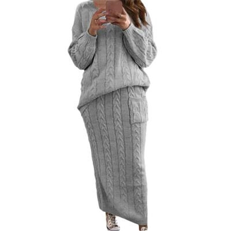 Fashion Streetwear Ribbed Knitted 2 Piece Outfits Full Sleeve Sweater Matching Set Plus Size Skirt Elegant Casual Fall Clothing