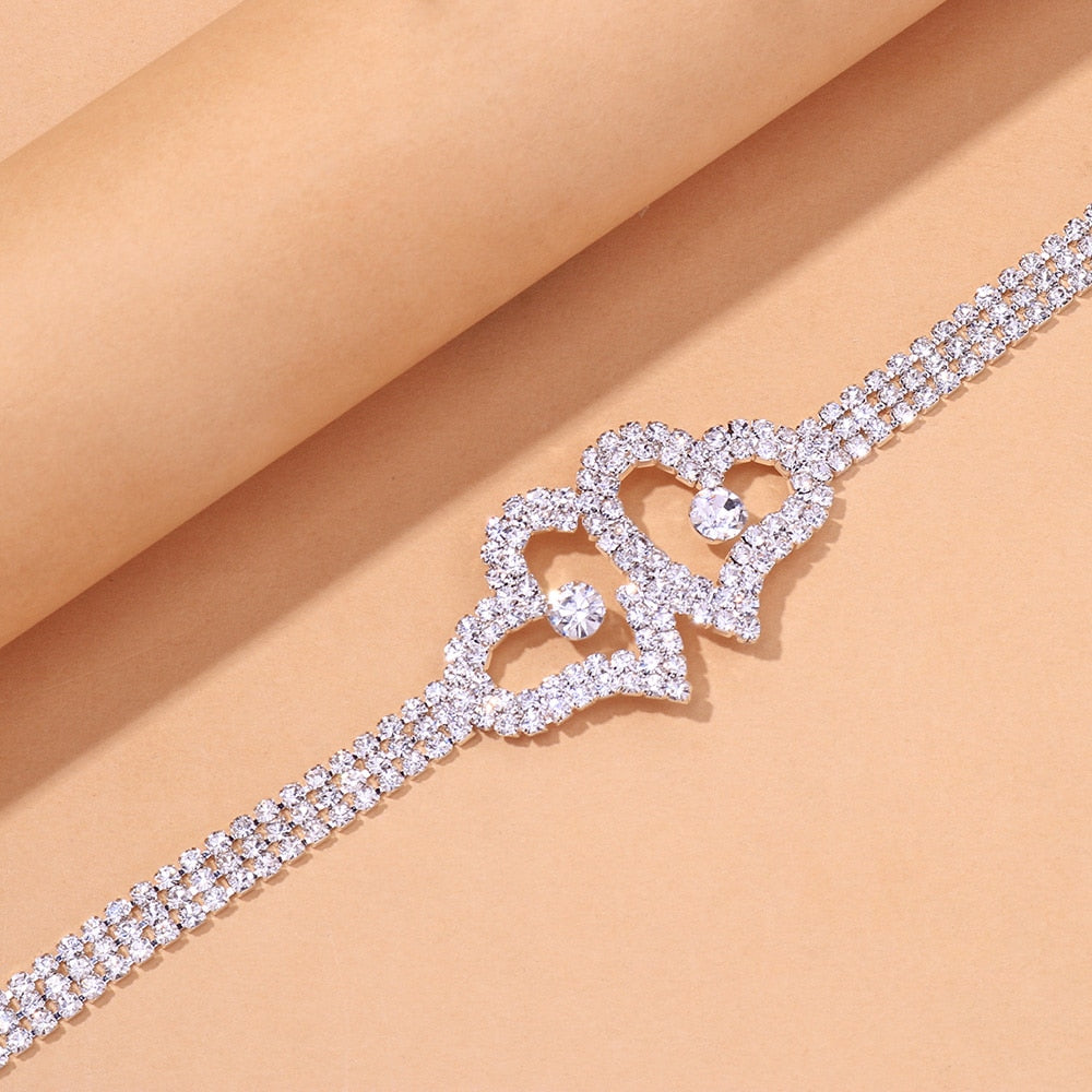 Stonefans Luxury Women Rhinestone Double Heart Anklet Wholesale New Crystal Tennis Chain Anklet Bracelets on Hand Jewelry Gift