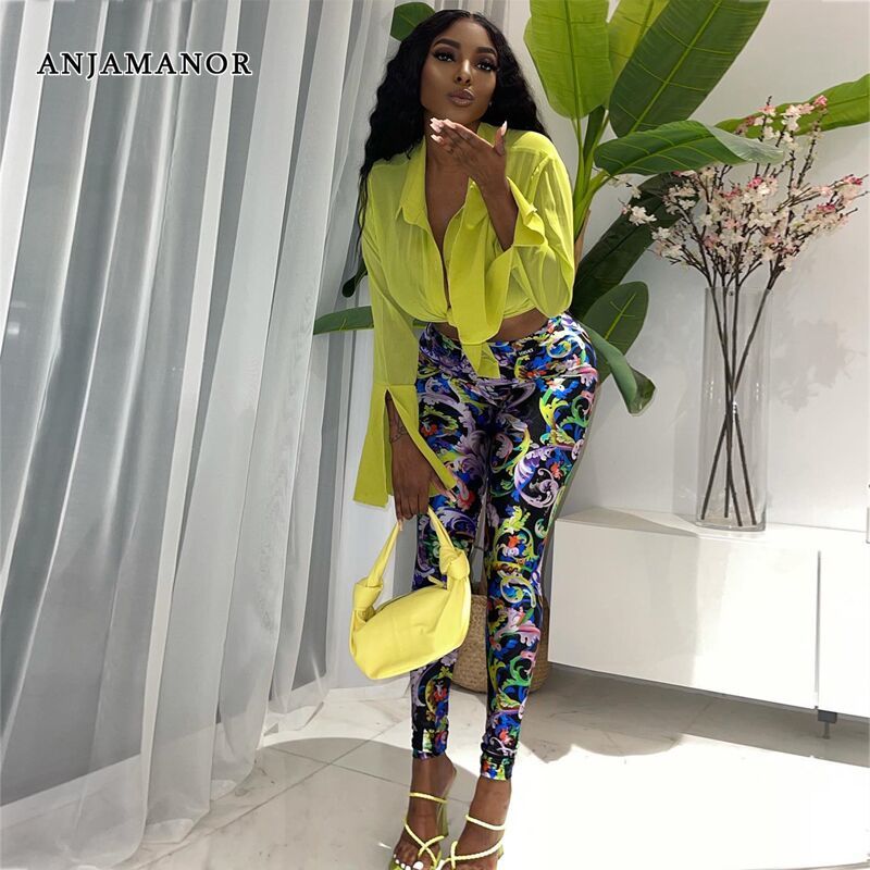 ANJAMANOR Sexy Two Piece Set Crop Top Shirts Printed Leggings Club Outfits for Women Pants Sets Bulk Wholesale Clothing D44-DD30