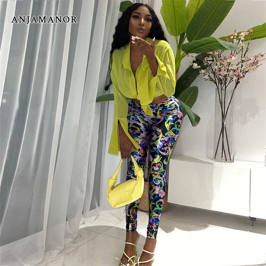 ANJAMANOR Sexy Two Piece Set Crop Top Shirts Printed Leggings Club Outfits for Women Pants Sets Bulk Wholesale Clothing D44-DD30