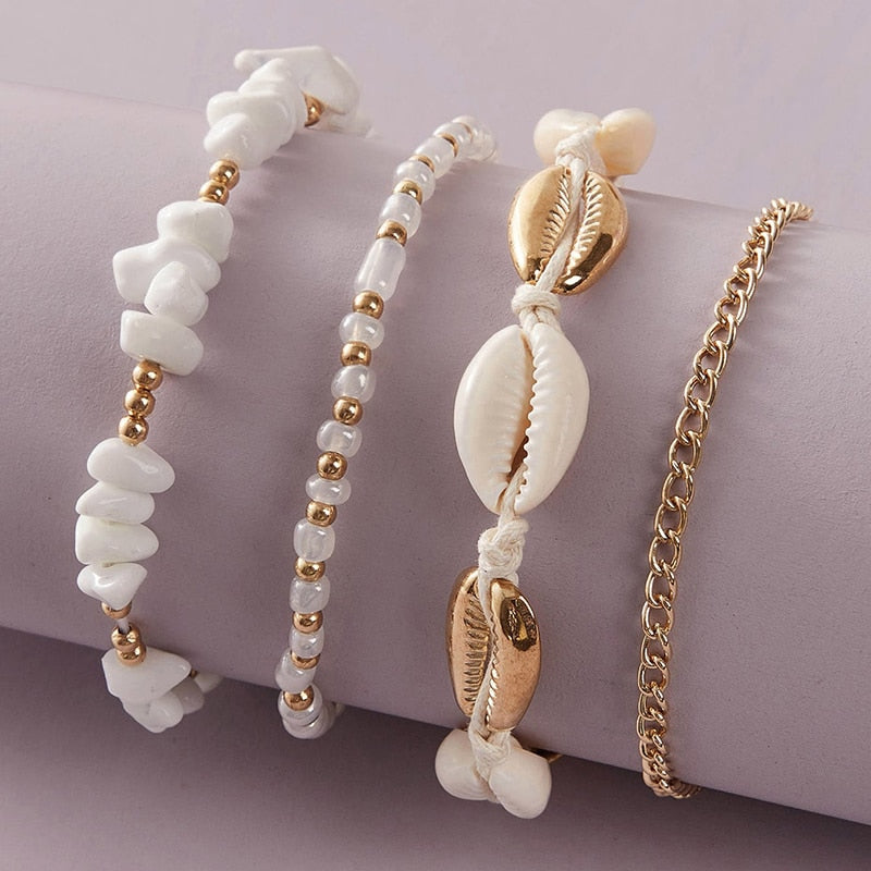 docona Boho Handmade Shell Seed Beads Anklet Set for Women Multilayer Broken Stones Summer Ocean Beach Foot Chains Jewelry 9426