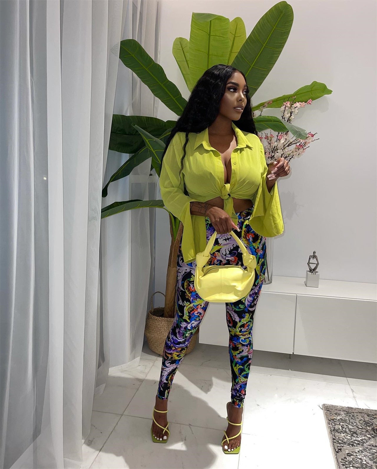 ANJAMANOR Sexy Two Piece Set Crop Top Shirts Printed Leggings Club Outfits for Women Pants Sets Bulk Wholesale Clothing D44-DD30
