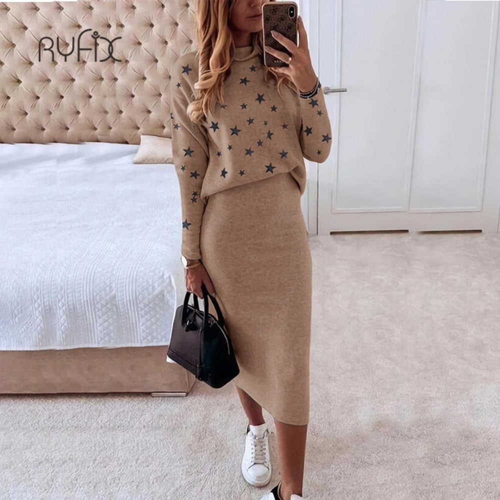 2022 Autumn winter Women Skirt 2 Piece Set Long Sleeve Turtleneck Slim Skirt Set Elegant Office Lady Knitted Sweater Skirt Suit