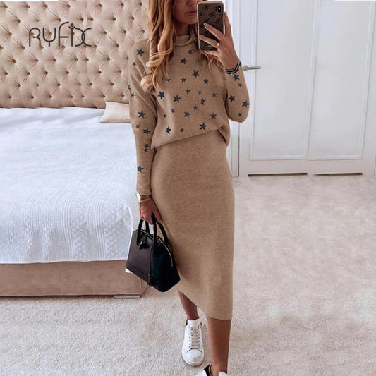 2022 Autumn winter Women Skirt 2 Piece Set Long Sleeve Turtleneck Slim Skirt Set Elegant Office Lady Knitted Sweater Skirt Suit