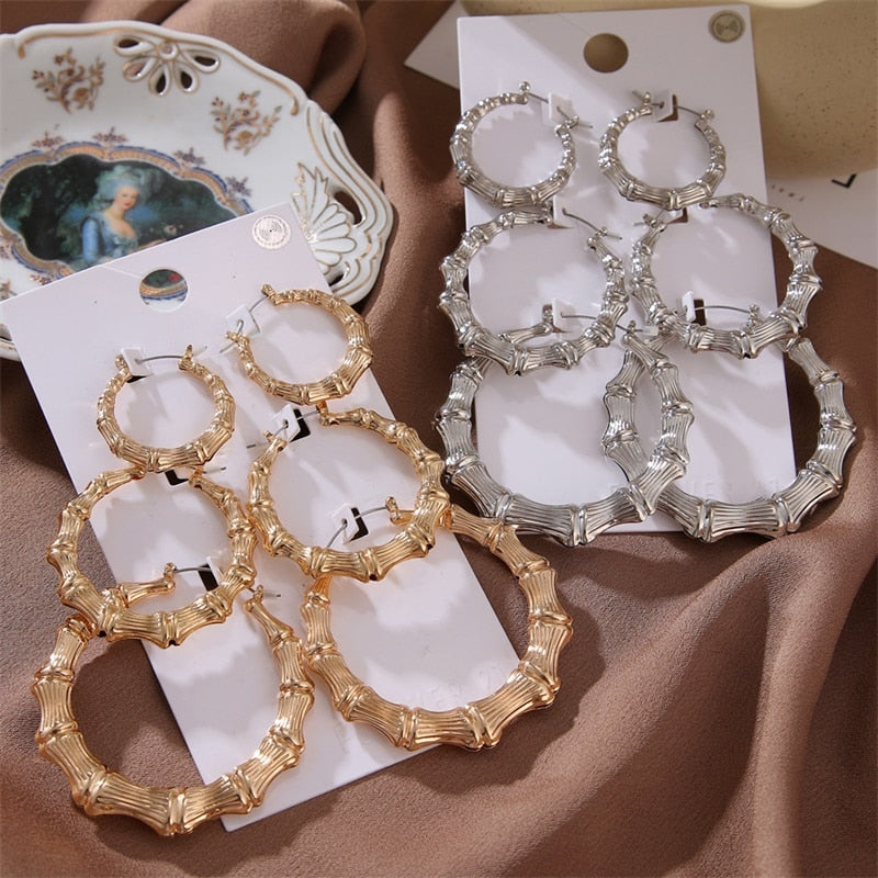FNIO Statement Gold/Sliver Big Bamboo Circle Hoop Earrings For Women Hip Hop Earrings set Classic Jewelry 3pcs/set