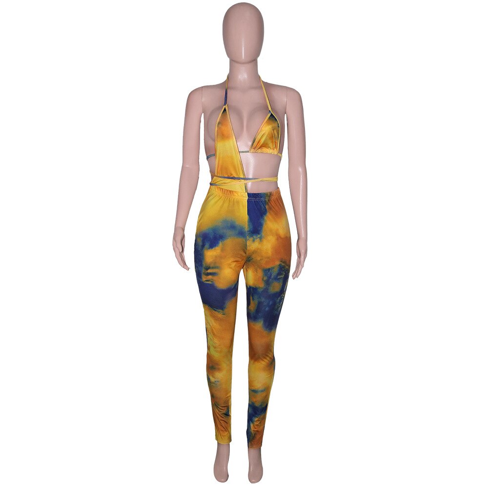 hirigin Gradient Tie Dye Print Jumpsuits for Women Halter Neck Backless Party Club Outfit Summer Hollow Irregular Catsuits