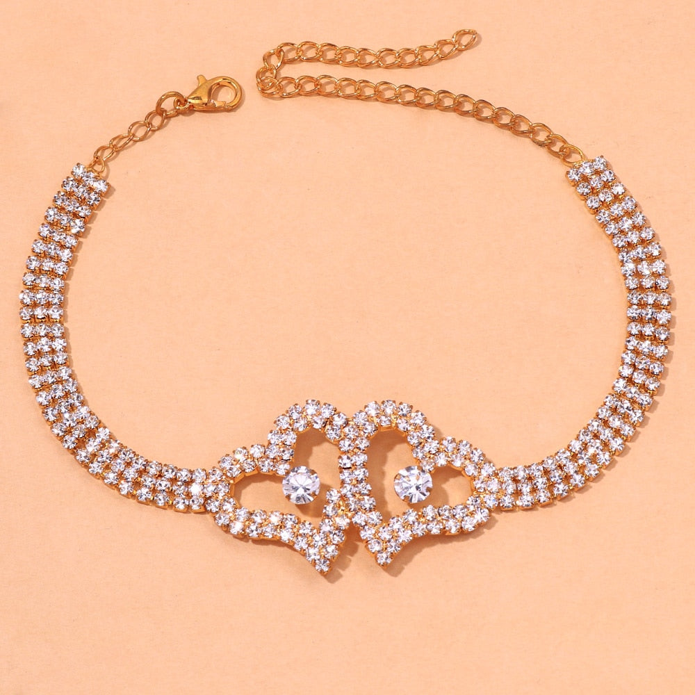 Stonefans Luxury Women Rhinestone Double Heart Anklet Wholesale New Crystal Tennis Chain Anklet Bracelets on Hand Jewelry Gift