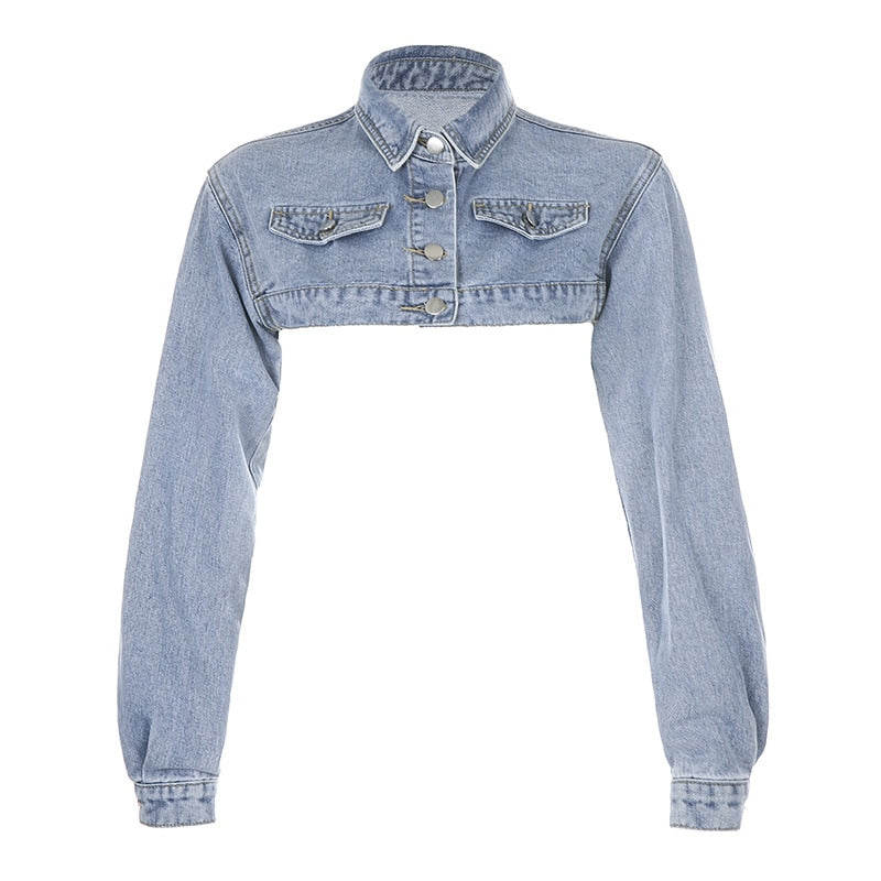 Y2K Solid Cropped Denim Jacket Women Autumn Vintage Sexy Kpop Streetwear Jeans Down Coat Female Winter 2020 E Girl Top Iamhotty
