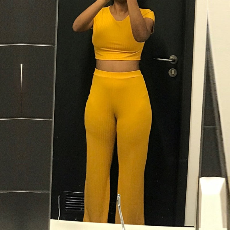 2 Two Piece Set Women Ribbed O Neck Crop Top and Long Pants Set Sexy Autumn Short Sleeve Tracksuit Women Conjunto Feminino 2022