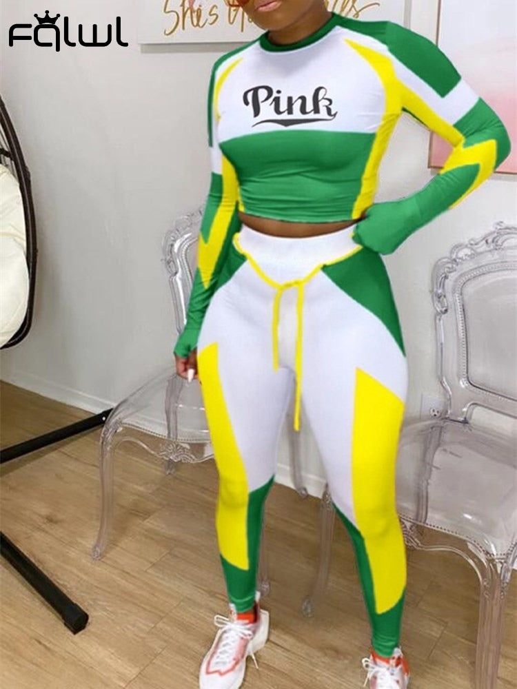 FQLWL Streetwear Tracksuit Joggers Women 2 Two Piece Set Outfits Tshirt Crop Top Female Fall 2020 Sweat suit Matching Sets Women