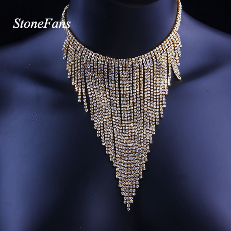 Stonefans Ethnic Long Tassel Choker Necklace Rhinestone Jewelry for Women Bohemian Geometric Crystal Statement Necklace Collar