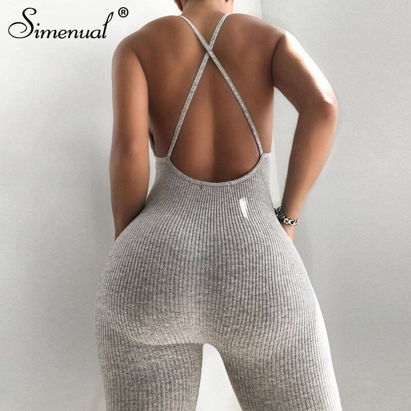 Simenual V Neck Backless Criss Cross Bodycon Rompers Womens Jumpsuit Strap Sporty Workout Skinny Active Wear Solid Jumpsuits New