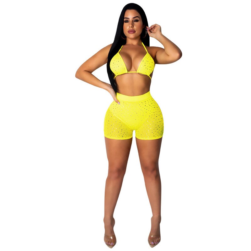 ANJAMANOR Sequin Mesh Black Sexy Two Peice Set Crop Top Shorts Summer Club Outfits for Women Clothes 2021 Matching Sets D41-CE15