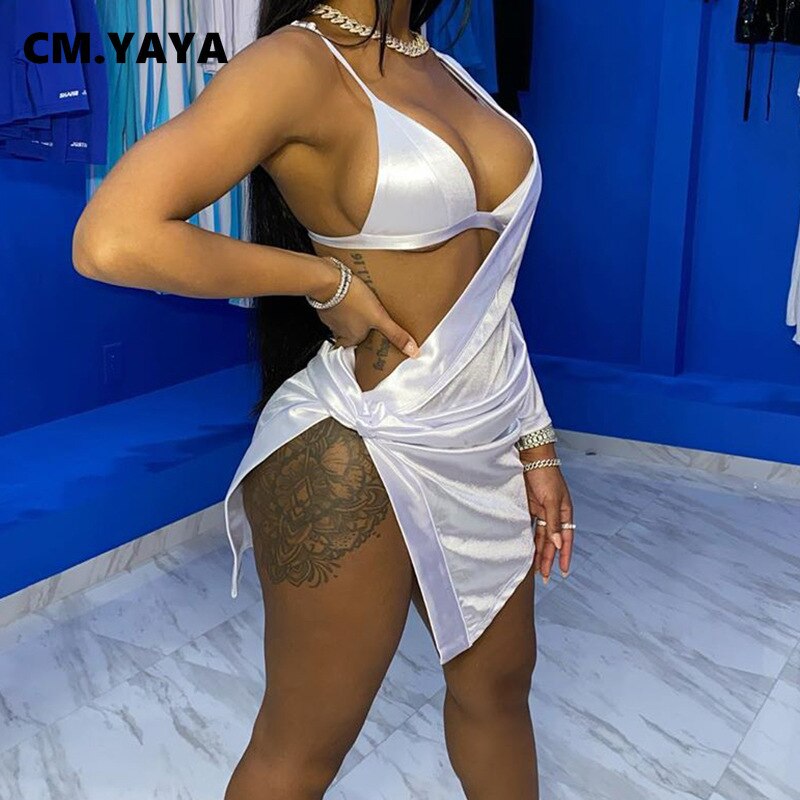 CM.YAYA Two 2 Piece Set for Women Sexy Club Party Tracksuit Outfits One Sleeve Slit Tie Up Mini Dress + Bra Set Fall Winter