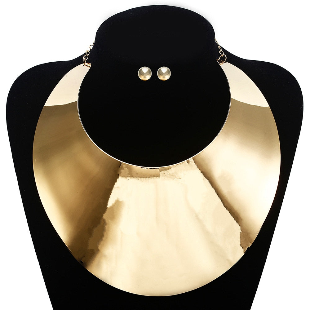 Liffly African Big Chokers Necklaces for Women Statement Metal Geometric Collar Necklace Bracelet Indian Party Jewelry Sets