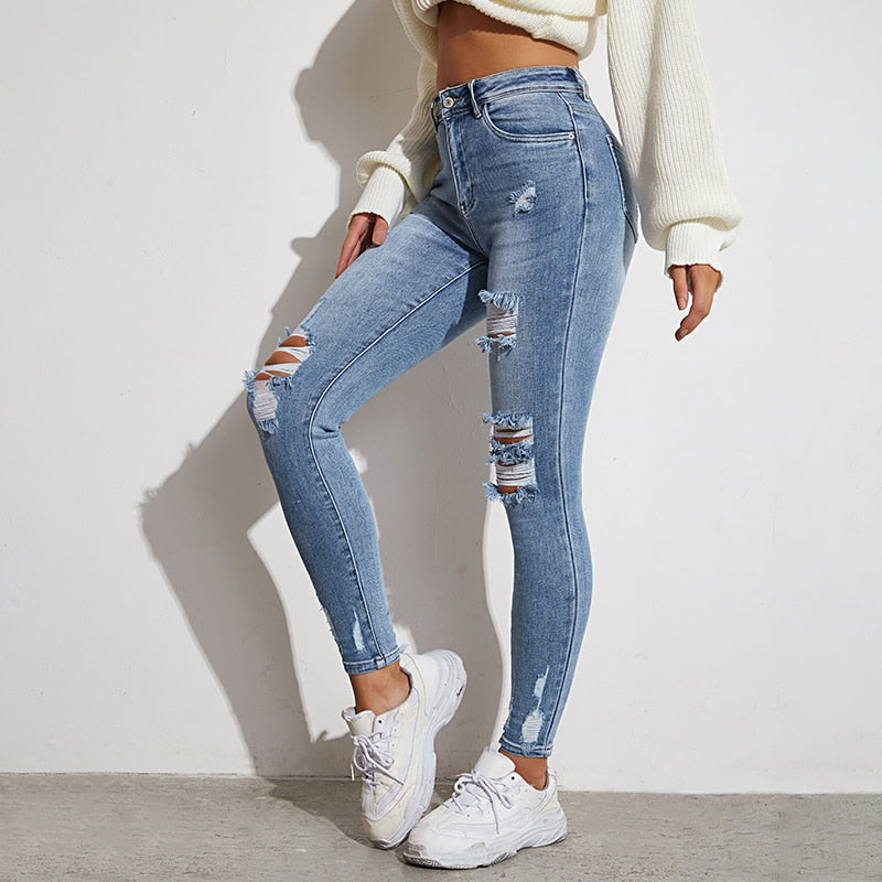Light Blue Sexy Skinny Women Jeans Stretch Butt Lift Ripped Hole Denim Pants Lady Clothes Girls Tight Trousers Y2K Streetwear