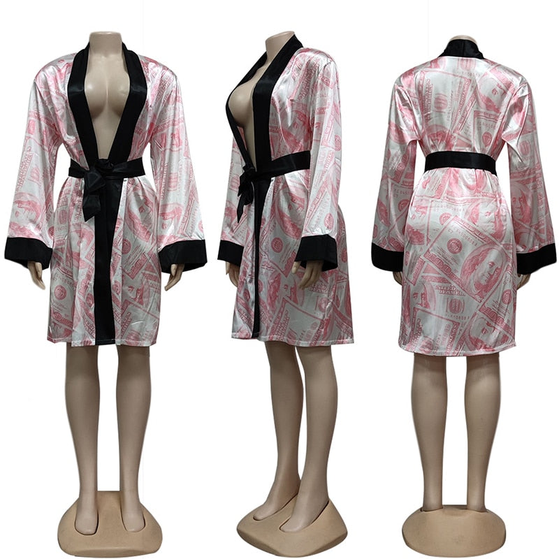 Bonnie Forest Womens Money Printed Sleep Mini Dress Lounge Wear 2022 New Fashion Belted Night Out Dress Homewear Party Club Robe