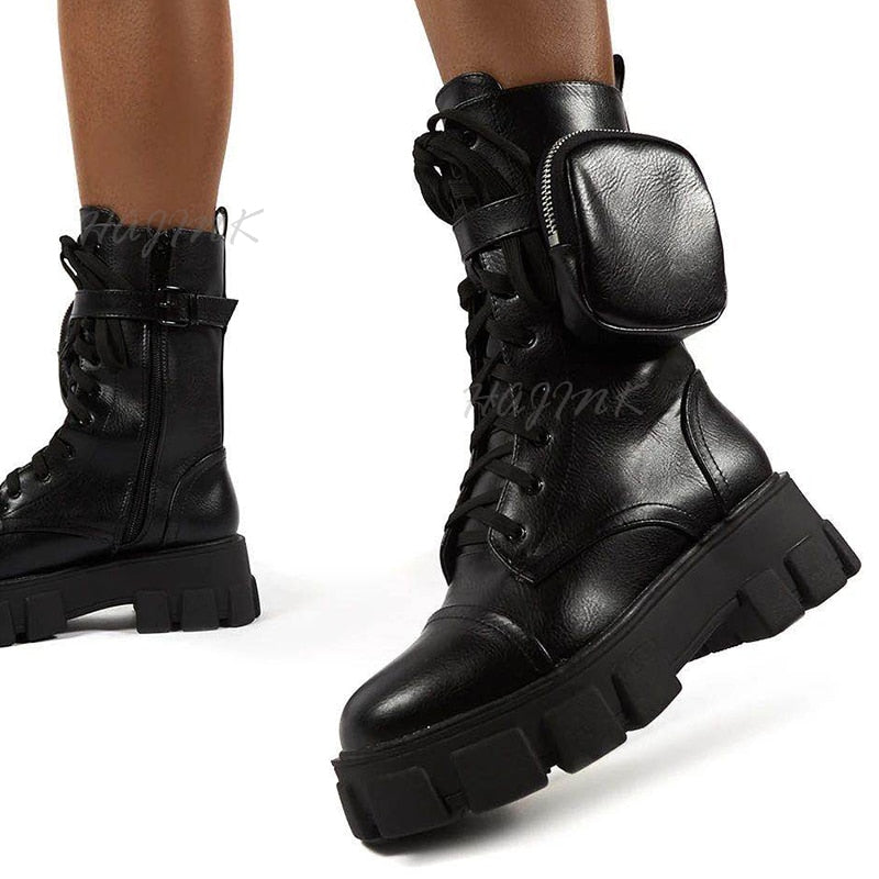 Women Boots 2020 Fashion Chunky Boots Pocket Platform Boots White Shoes For Women Autumn Winter Boots High Heels Botas Mujer