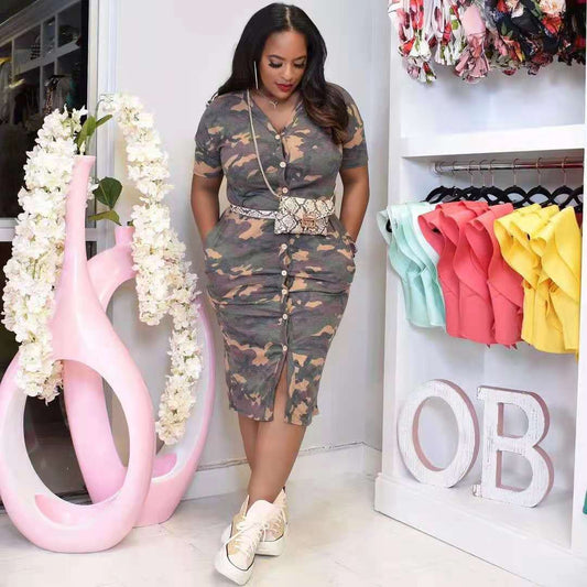 Camouflage Printed Button Bodycon Casual Dress For Women Clothing Summer Short Sleeve Office Lady Shirt Dress