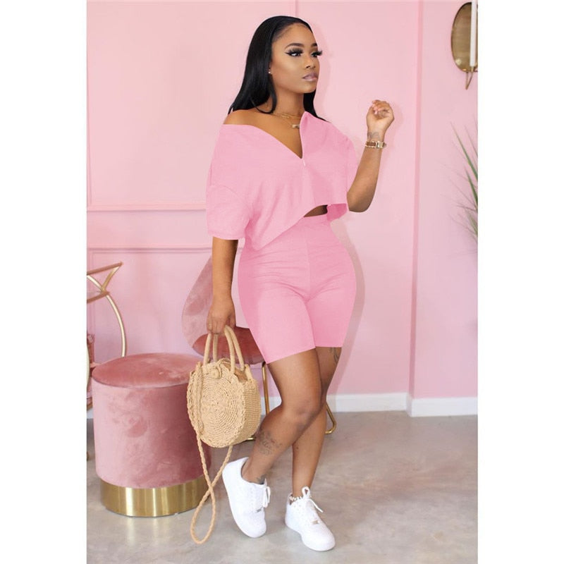 Plus Size Two Piece Set Women Clothes 2020 Casual Tracksuit Crop Top Biker Shorts Set Lounge Wear Matching Sets 2 Piece Outfits