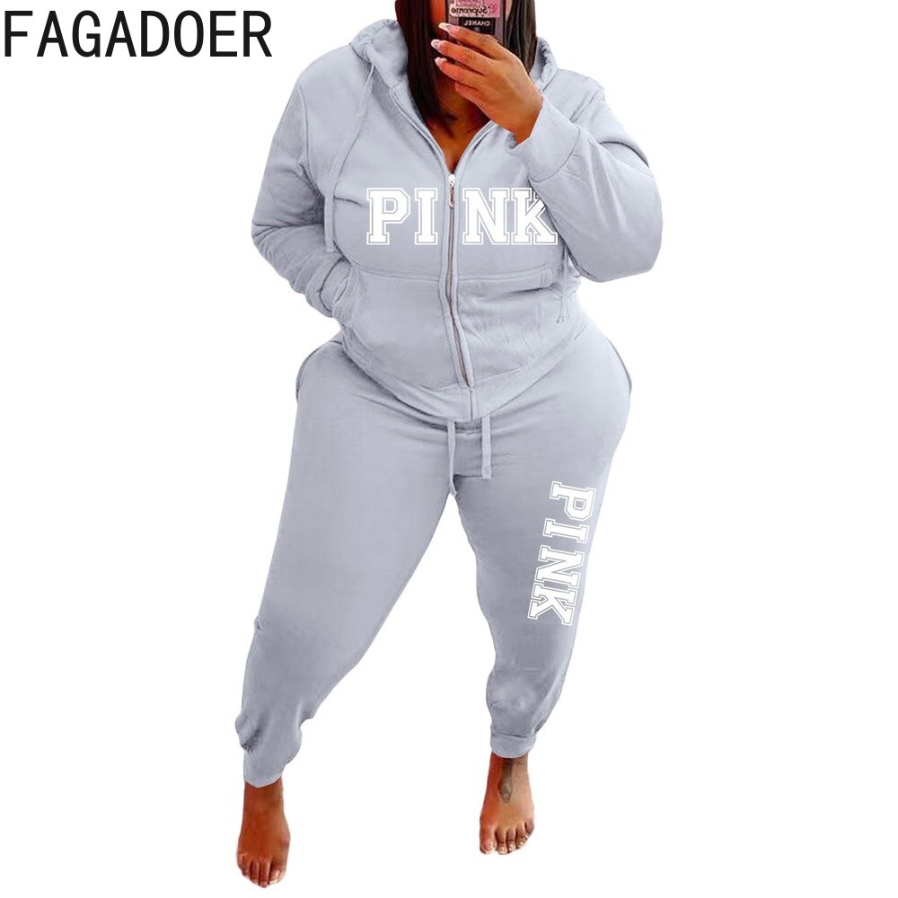 FAGADOER 2022 Plus Size Sporty PINK Letter Print Fashion Spring Set High Waist 2 Piece Set L-5XL Women Gym Clothing Pant Sets