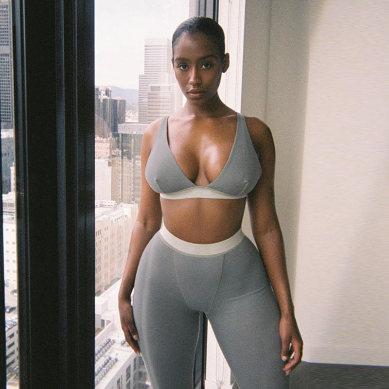 ANJAMANOR Sexy Sweatsuits for Women Comfy Lounge Wear Rib Knit V Neck Crop Top and Leggings Two Piece Set Tracksuits D16-CE29