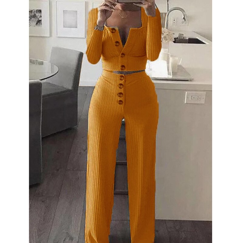 Cardigan Slim Two Piece Set Women Knitted Tracksuit Sexy Crop Top Pants Solid Color Sweatpants Fitness Sweatsuit 2020 Fall