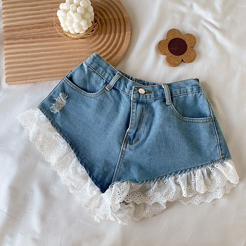 Lolita Girls Blue Denim Lace Two Piece Set Sexy Women Bustier Camis Crop Top High Waist Shorts Outfits Sexy Femenino 2 Piece Set