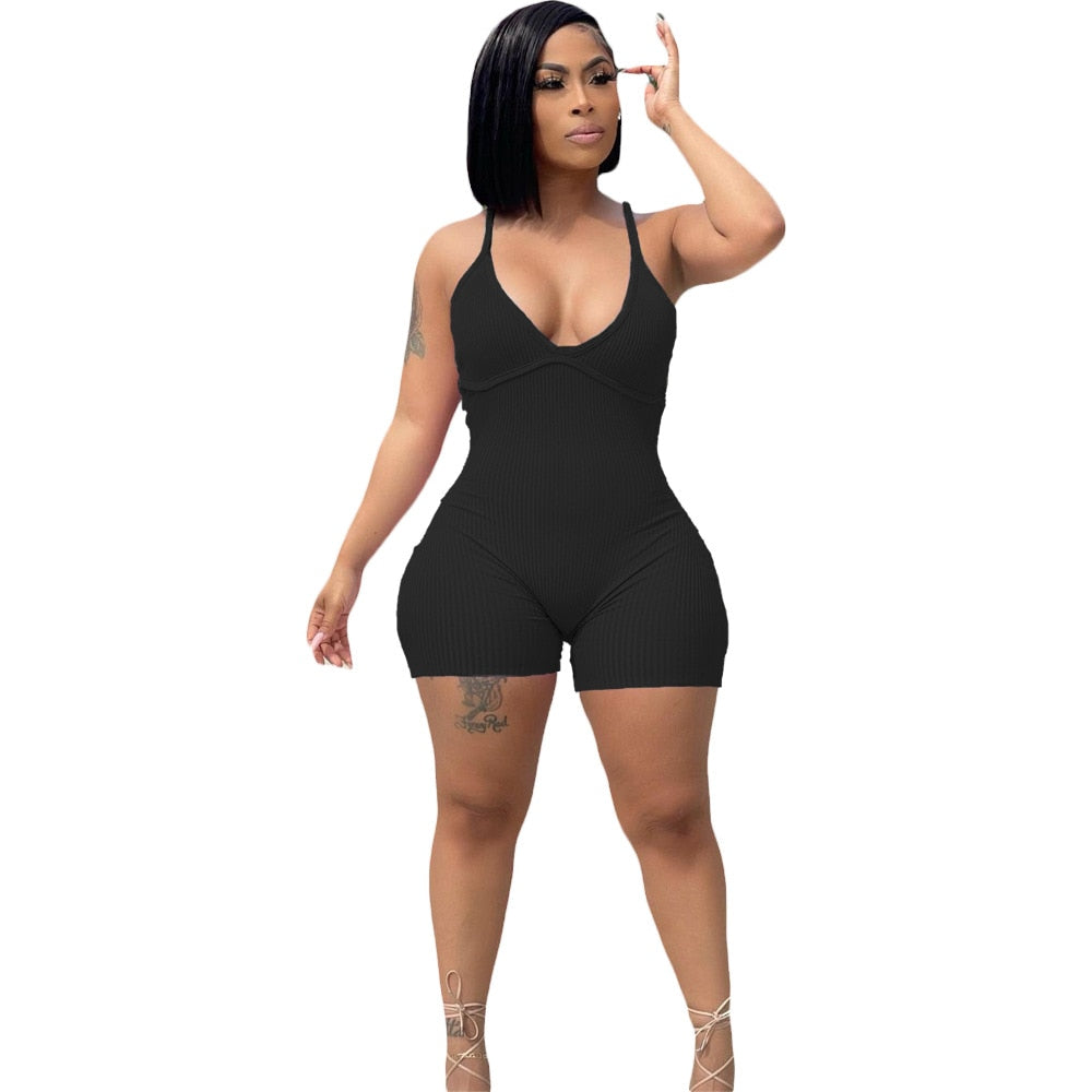 Women Solid Color Jumpsuit 2021 Summer Suspenders V-Neck Catsuit Sexy Outdoor Club Clothing