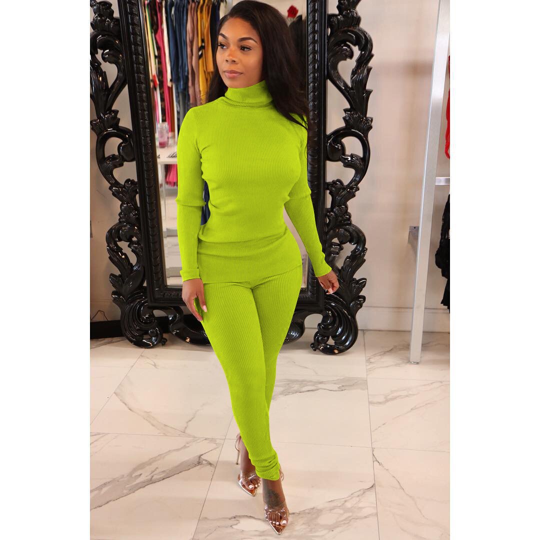 Lounge wear Knitted Rib Solid Tracksuit Women Casual Sport Fitness Turtleneck Sweater Top + Leggings Two Piece Set Club Outfits