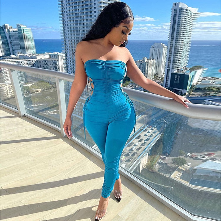Sexy Off Shoulder Women Jumpsuit Pleated Fitness Streetwear Sleeveless Party Night Long Romper Women Jumpsuit Outfit