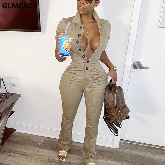 Women Turn Down Collar Button Down Jumpsuit Solid Elegant OL Workwear Long Sleeve Regular Overalls