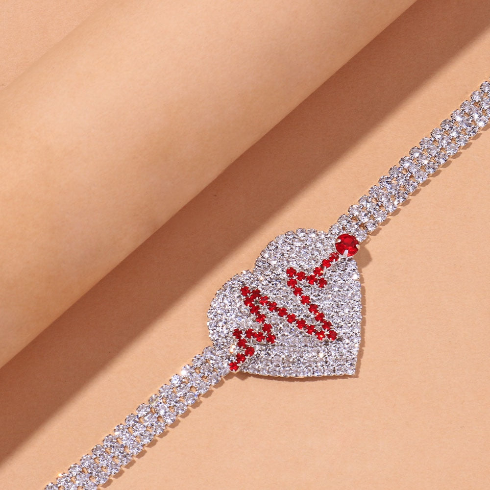 Stonefans Fashion Tennis Chain Rhinestone Heart Anklet for Women Beach Crystal Heartbeat Anklet Bracelet on the Leg Boho Jewelry