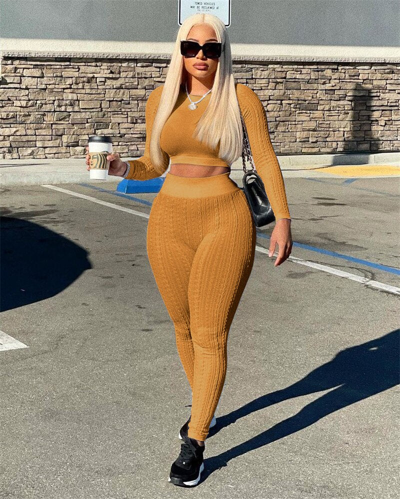 Adogirl Sweater Patchwork Solid Two Piece Set Women Tracksuit Long Sleeve Crop Top High Waist Pants Stretchy Casual Suits