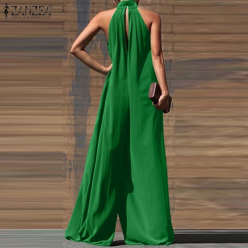 Summer Fashion Wide Leg Rompers Women Elegant Solid Long Jumpsuits ZANZEA Party Sexy Sleeveless Playsuit Office Overall Dungaree