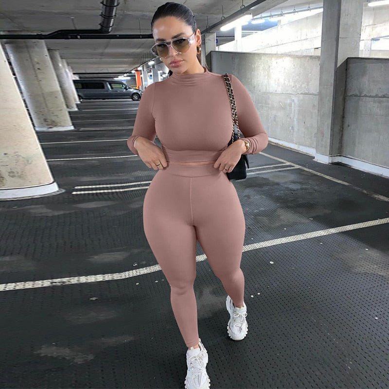 Winter Women Sport Fitness 2 Two Piece Set Outfits Long Sleeve Crop Tops Tshirt Leggings Pants Set Bodycon Tracksuits Women's