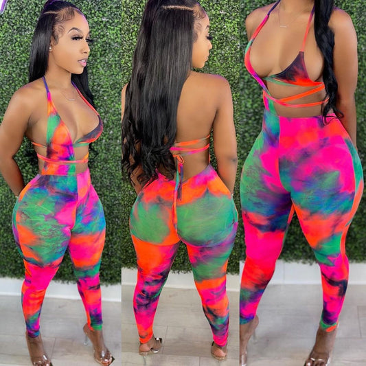 hirigin Gradient Tie Dye Print Jumpsuits for Women Halter Neck Backless Party Club Outfit Summer Hollow Irregular Catsuits