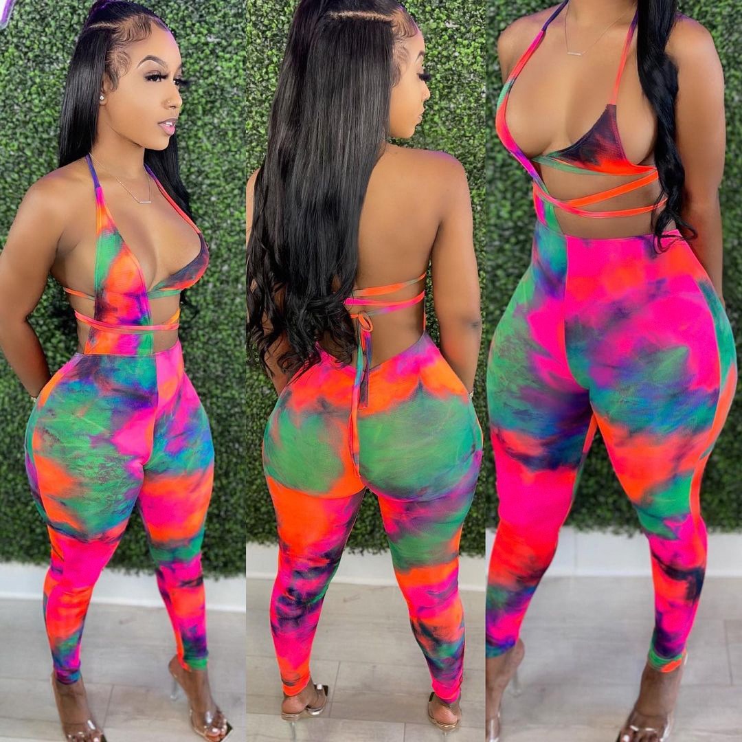 hirigin Gradient Tie Dye Print Jumpsuits for Women Halter Neck Backless Party Club Outfit Summer Hollow Irregular Catsuits