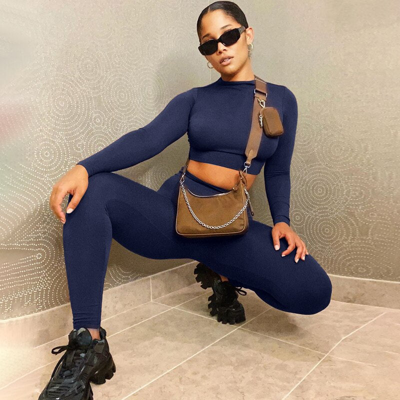Winter Women Sport Fitness 2 Two Piece Set Outfits Long Sleeve Crop Tops Tshirt Leggings Pants Set Bodycon Tracksuits Women's