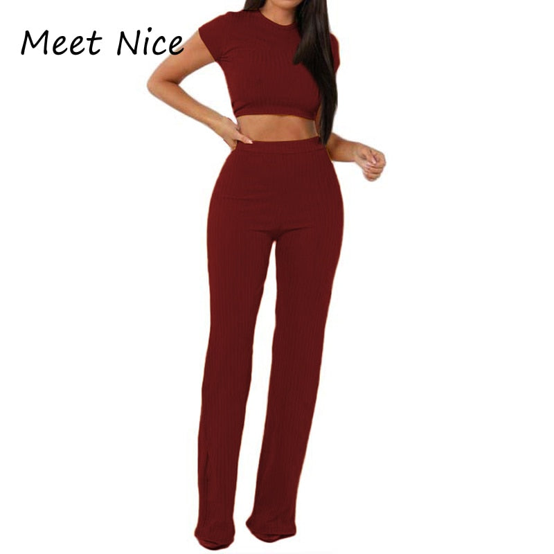 2 Two Piece Set Women Ribbed O Neck Crop Top and Long Pants Set Sexy Autumn Short Sleeve Tracksuit Women Conjunto Feminino 2022
