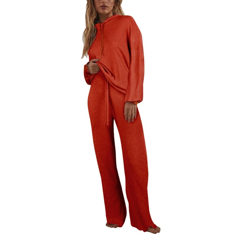 Autumn Knitted Sweat Suits Women Matching Sets Long Sleeve Hoodie+wide-legged Pants Loungewear Sweater Set Two Piece Outfits