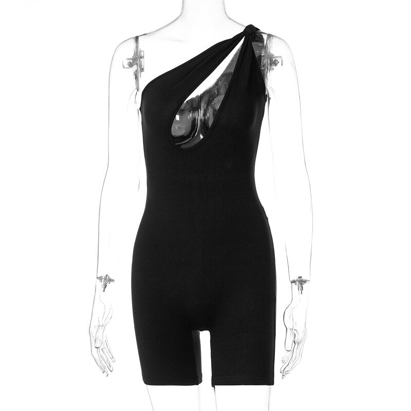 Sexy Hollow Out Bodysuit Women Off Shoulder Single Strap Jumpsuit 2022 Summer Fashion Slim Solid Color Sleeveless Playsuit