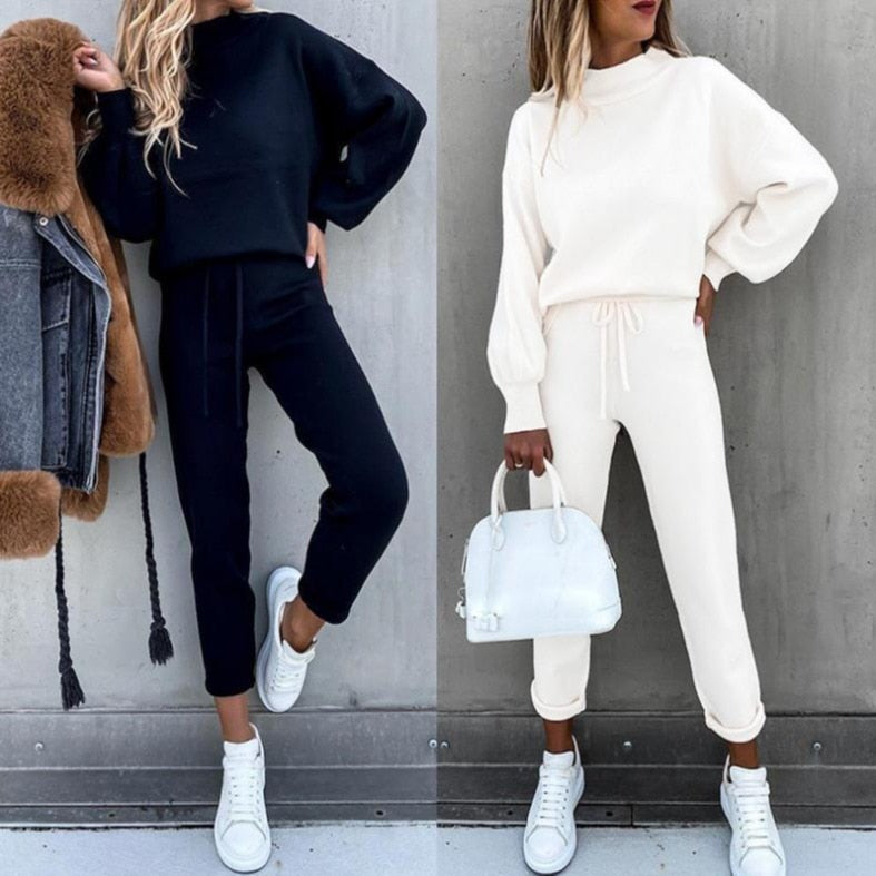 2021 autumn and winter new style women's fashion high collar leisure long sleeve solid color sweater pants two-piece set