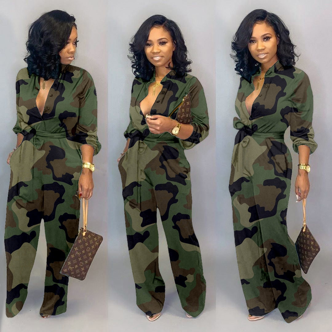 Camo Print Women Jumpsuit Autumn Long Sleeve Wide Leg Pants Elegant Rompers Casual Loose Plus size Overalls with Pocket