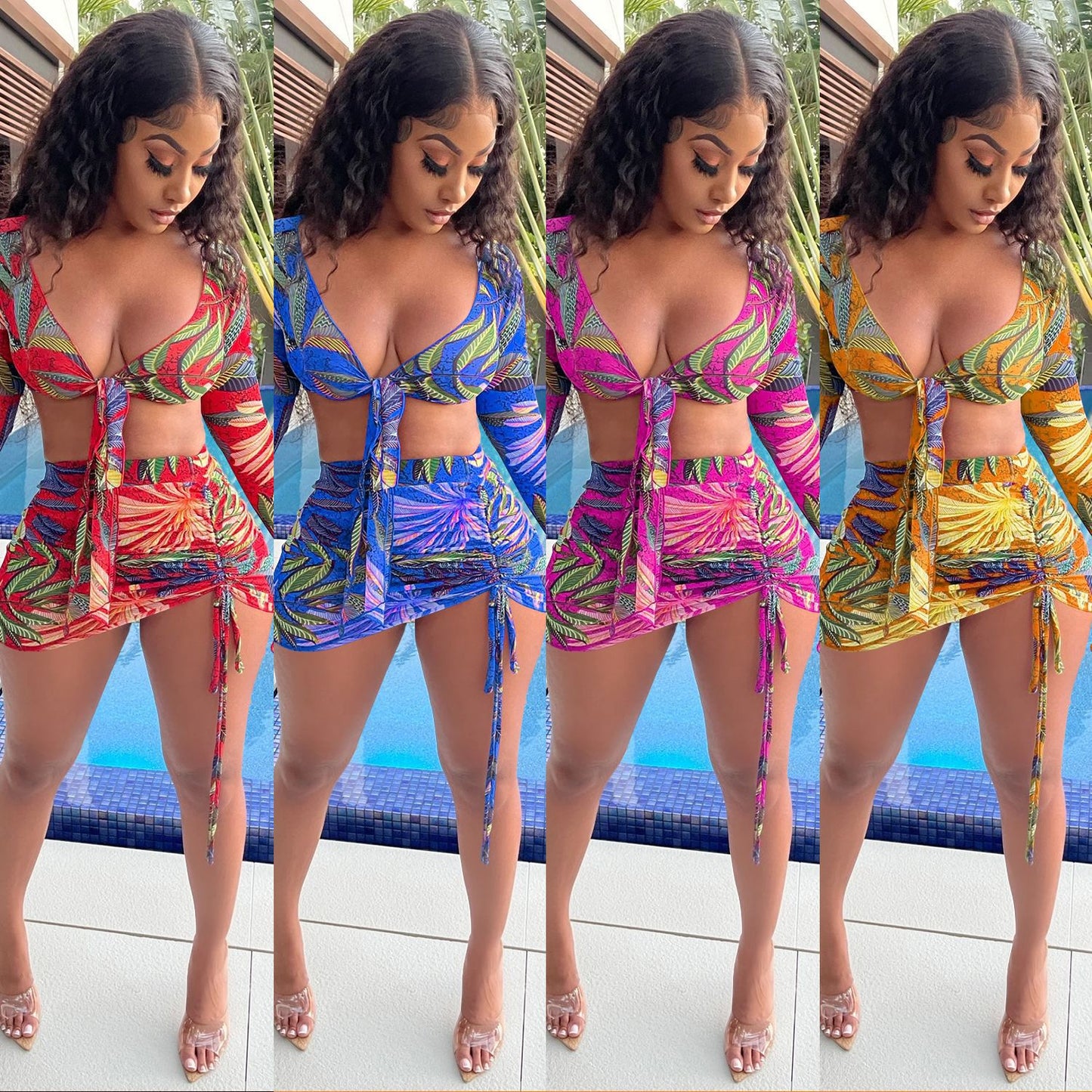 ANJAMANOR Tropical Floral Print Sheer Mesh Matching Skirt Set Sexy Beach Outfits Club Wear Two Piece Set Women 2021 D42-CG17