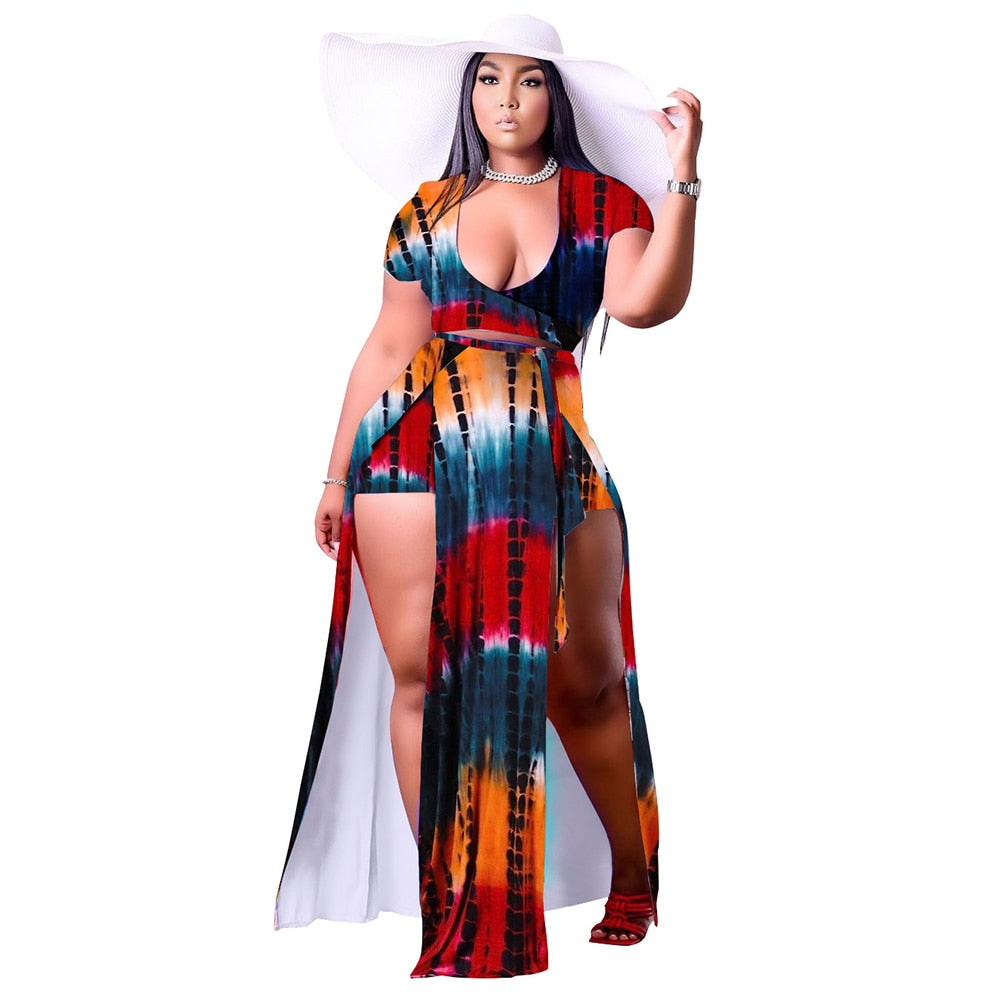 Plus Size Women Clothing 5xl Fashion Sexy V Collar Split Fork Rope Casual Two Piece Nightclub Skirts Suit Wholesale Dropshipping